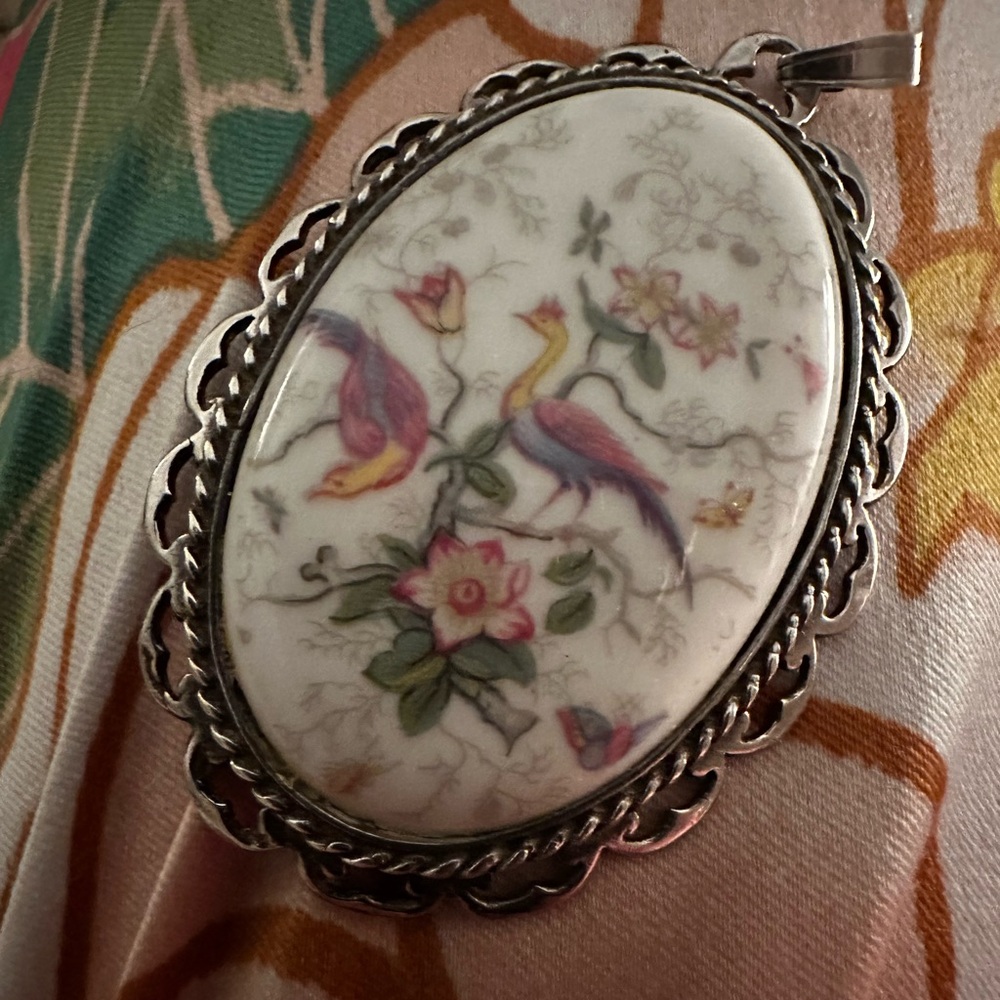 Vintage Coalport China Pendant with sterling Silver Accents